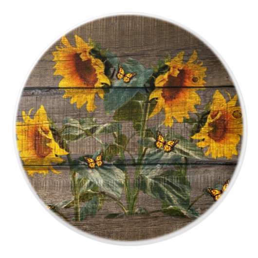 Rustige zonnebloemen Butterflies Barn Board Keramische Knop (Voorkant)