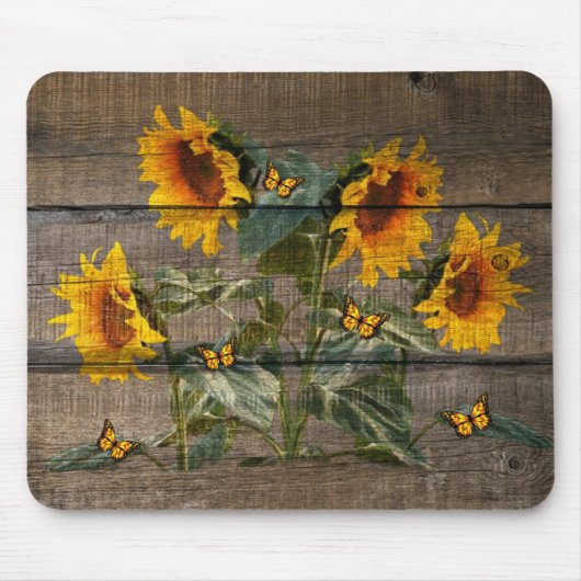 Rustige zonnebloemen Butterflies Barn Board Muismat (Voorkant)