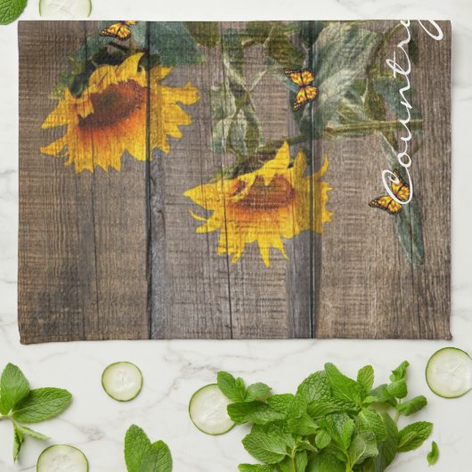 Rustige zonnebloemen Butterflies Barn Board Theedoek (Gevouwen)