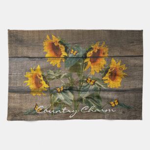 Rustige zonnebloemen Butterflies Barn Board Theedoek
