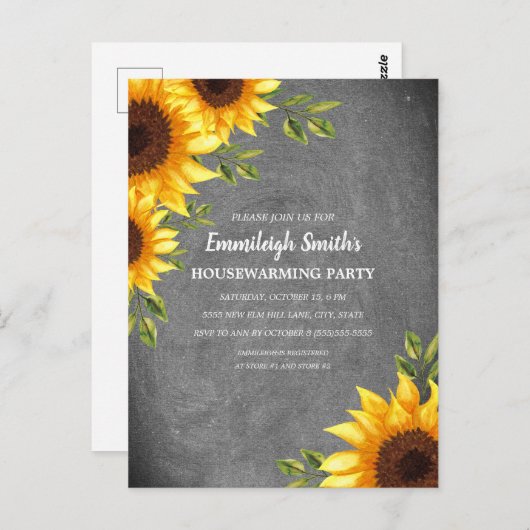 Rustige zonnebloemen Chalkboard Housewarming Briefkaart (Voorkant / Achterkant)