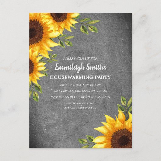 Rustige zonnebloemen Chalkboard Housewarming Briefkaart (Voorkant)