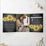 Rustige zonnebloemen Chalkboard Photo Collage Wedd Drieluik Uitnodiging<br><div class="desc">Verrijk je gasten met deze elegant die allemaal op één bruiloft uitnodigen met mooie zonnebloemen,  bouquet met moderne typografie. Voeg eenvoudig uw gebeurtenisdetails op deze makkelijk te gebruiken sjabloon toe en voeg deze kaart met uw favoriete foto's toe om tot het één-van-een-soort uitnodiging te maken.</div>