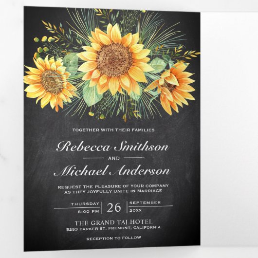 Rustige zonnebloemen Chalkboard Photo Collage Wedd Drieluik Uitnodiging (Binnenzijde eerst)