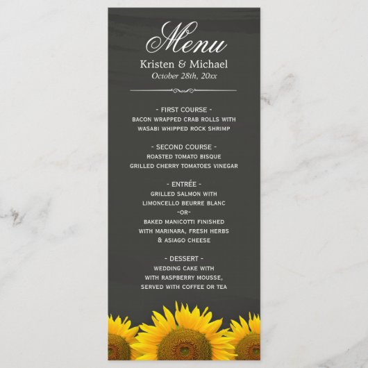 Rustige zonnebloemen Chalkboard Wedding Dinner Men Menu (Voorkant)