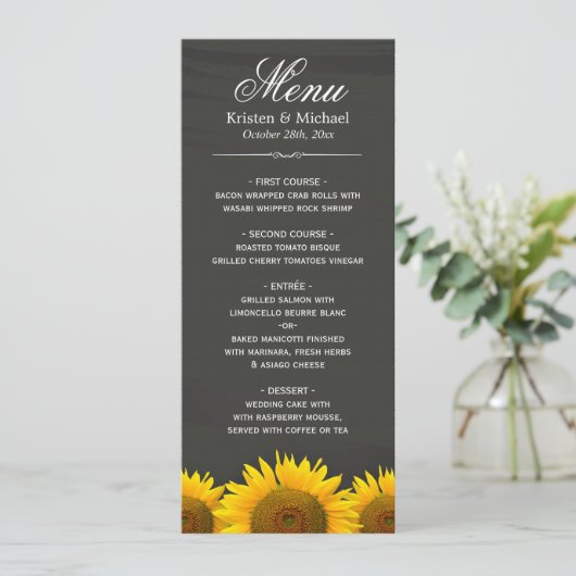 Rustige zonnebloemen Chalkboard Wedding Dinner Men Menu (Staand voorkant)