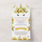 Rustige zonnebloemen Cute Unicorn Baby shower All In One Uitnodiging (Binnen)