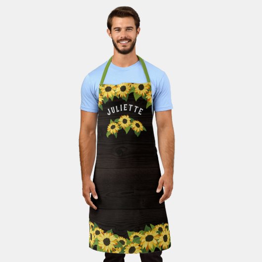 Rustige zonnebloemen & donkerhout Naam toevoegen Schort (Gedragen)