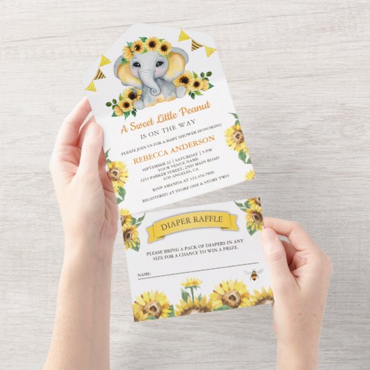 Rustige zonnebloemen Elefant Baby shower All In One Uitnodiging (Afscheurbaar)