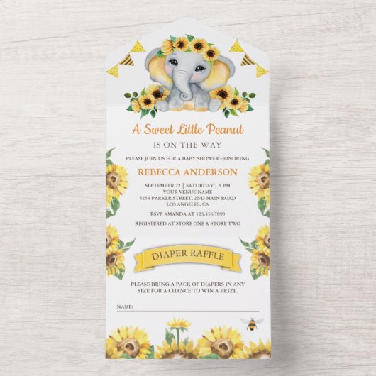 Rustige zonnebloemen Elefant Baby shower All In One Uitnodiging (Binnen)