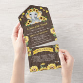 Rustige zonnebloemen Elephant Barn Wood Baby showe All In One Uitnodiging (Afscheurbaar)