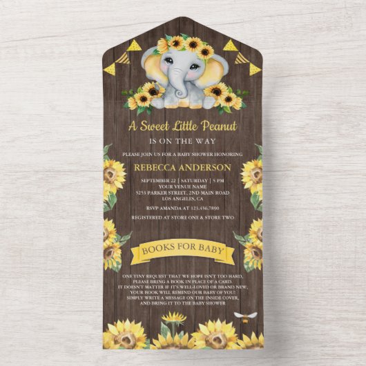 Rustige zonnebloemen Elephant Barn Wood Baby showe All In One Uitnodiging (Binnen)