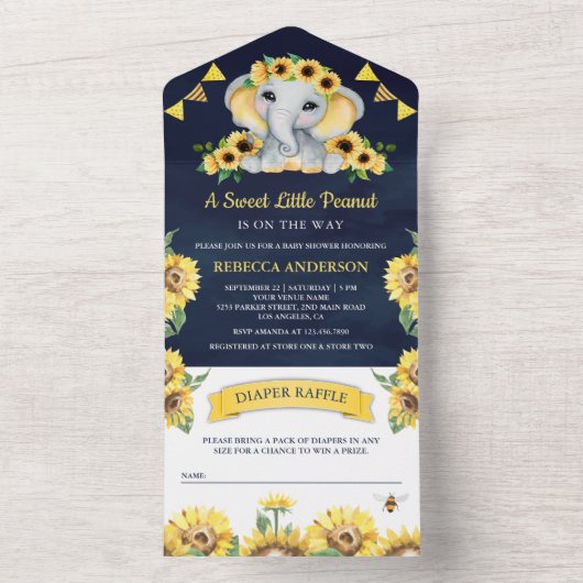 Rustige zonnebloemen Elephant Navy Blue Baby showe All In One Uitnodiging (Binnen)