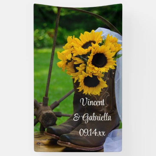 Rustige zonnebloemen en Cowboy Boots country Weddi Spandoek (Verticaal)