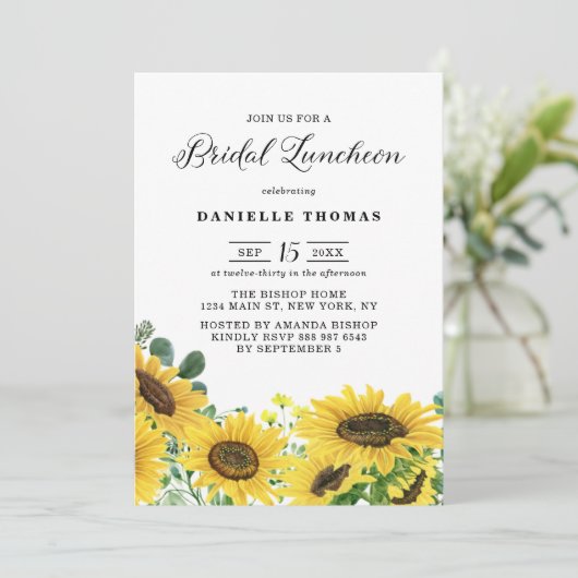 Rustige zonnebloemen en Eucalyptus Bridal Luncheon Kaart (Staand voorkant)