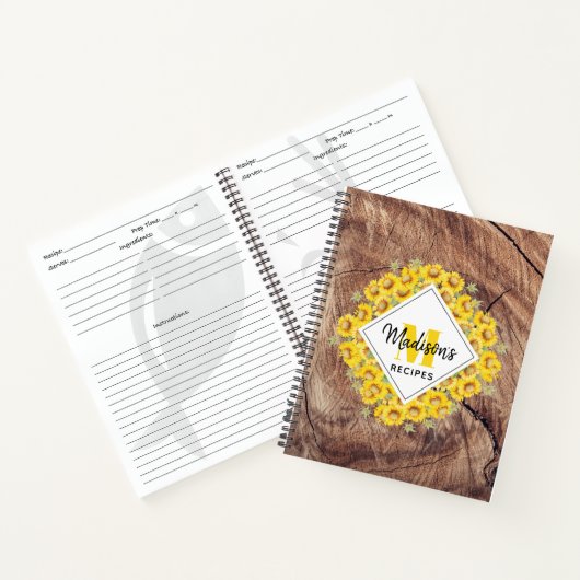 Rustige zonnebloemen en houtextuur Recipe Cookbook Notitieboek (Binnen)