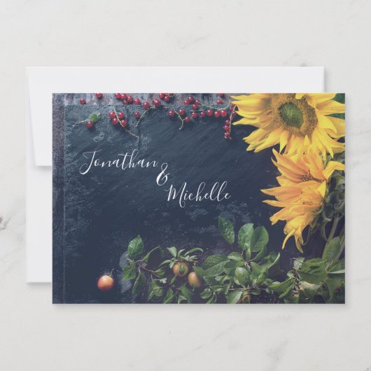 Rustige zonnebloemen en laat onze datumbruiloft be kaart (Achterkant)