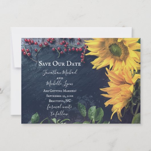 Rustige zonnebloemen en laat onze datumbruiloft be kaart (Voorkant)