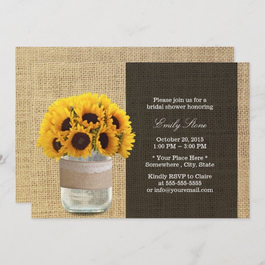 Rustige zonnebloemen en Mason Jar Burlap Vrijgezel Kaart (Voorkant / Achterkant)