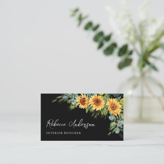 Rustige zonnebloemen Eucalyptus Black QR-code Visitekaartje (Staand voorkant)