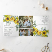 Rustige zonnebloemen Eucalyptus Foto Collage Wedde Drieluik Uitnodiging (Binnen)
