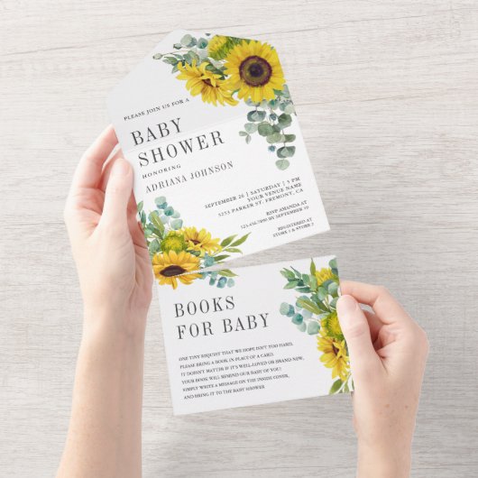 Rustige zonnebloemen Eucalyptus Leaves Baby shower All In One Uitnodiging (Afscheurbaar)