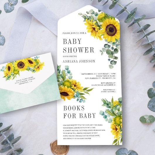 Rustige zonnebloemen Eucalyptus Leaves Baby shower All In One Uitnodiging