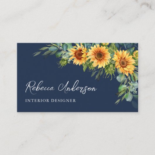 Rustige zonnebloemen Eucalyptus Navy Blue QR Code Visitekaartje (Voorkant)