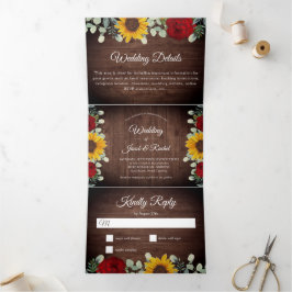 Rustige zonnebloemen Eucalyptus Red Roses Wedding Drieluik Uitnodiging