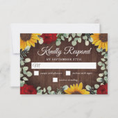 Rustige zonnebloemen Eucalyptus Red Roses Wedding RSVP Kaartje (Voorkant)
