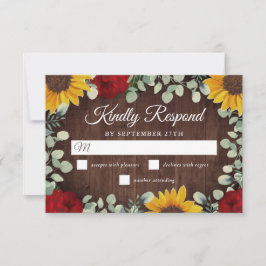 Rustige zonnebloemen Eucalyptus Red Roses Wedding RSVP Kaartje