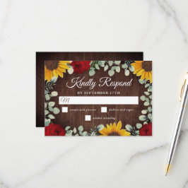Rustige zonnebloemen Eucalyptus Red Roses Wedding RSVP Kaartje