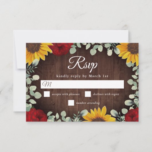 Rustige zonnebloemen Eucalyptus Red Roses Wedding RSVP Kaartje (Voorkant)
