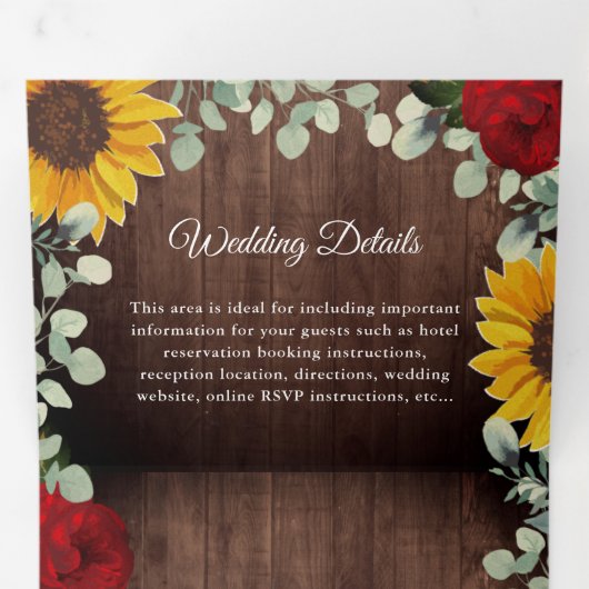 Rustige zonnebloemen Eucalyptus Rozen Foto bruilof Drieluik Uitnodiging (Binnenzijde eerst)