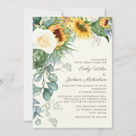 Rustige zonnebloemen Eucalyptus White Roses Weddin Kaart (Voorkant)