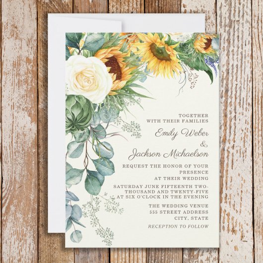 Rustige zonnebloemen Eucalyptus White Roses Weddin Kaart