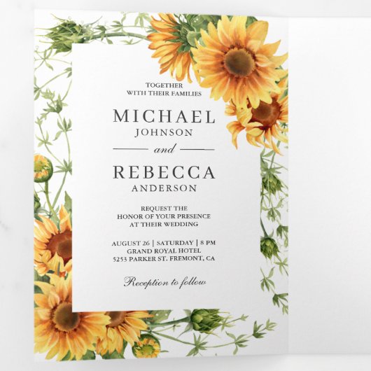 Rustige zonnebloemen Foto van QR Code Weddenschap Drieluik Uitnodiging (Binnenzijde eerst)
