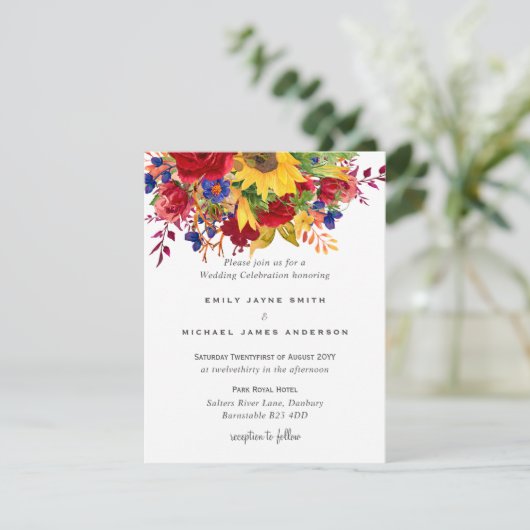 Rustige zonnebloemen Geel Rode Blauwe Florale Bind Feestdagenkaart (Staand voorkant)