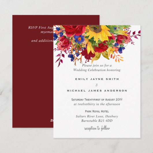 Rustige zonnebloemen Geel Rode Blauwe Florale Bind Feestdagenkaart (Voorkant / Achterkant)