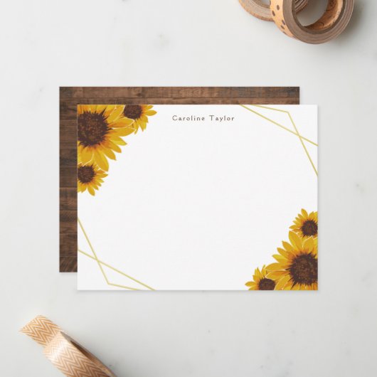 Rustige zonnebloemen Gold Geometric Wood Aangepast Notitiekaartje (Voorkant / Achterkant in situ)