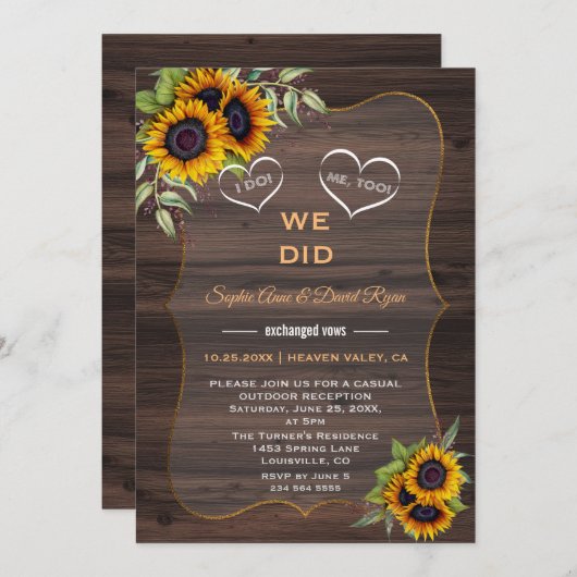 Rustige zonnebloemen Hout Elopement Reception Kaart (Voorkant / Achterkant)