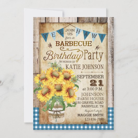 Rustige zonnebloemen Hout Gingham Check Birthday Kaart (Voorkant)