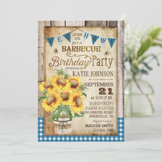 Rustige zonnebloemen Hout Gingham Check Birthday Kaart (Staand voorkant)