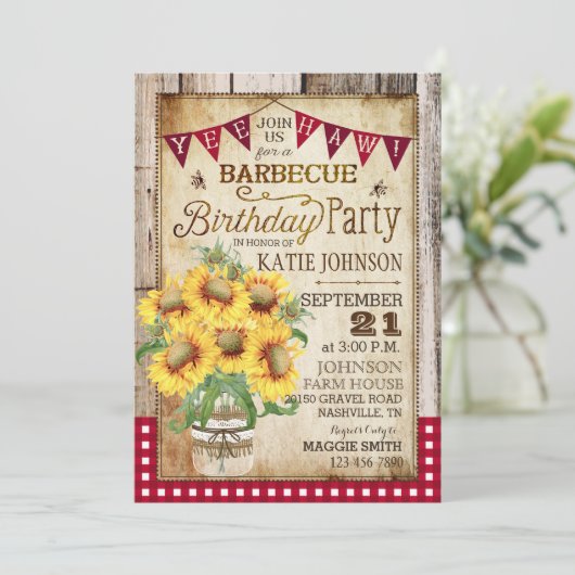 Rustige zonnebloemen Hout Gingham Check Birthday Kaart (Staand voorkant)