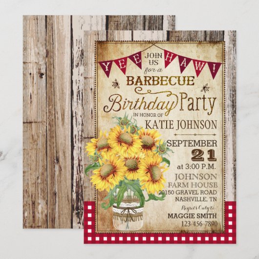 Rustige zonnebloemen Hout Gingham Check Birthday Kaart (Voorkant / Achterkant)