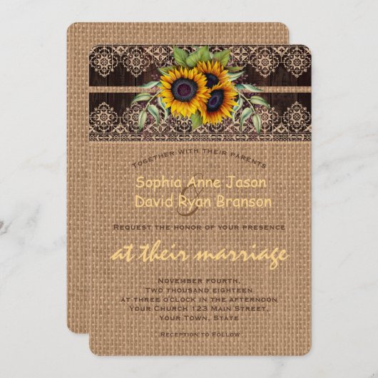 Rustige zonnebloemen Lace Burlap Wood Weddenschap Kaart (Voorkant / Achterkant)