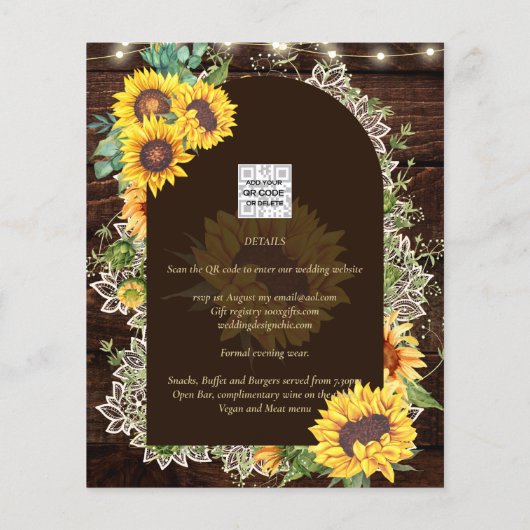 Rustige zonnebloemen Lace Lights Arch Summer Wedde Flyer (Achterkant)