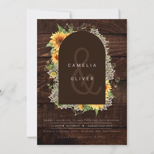 Rustige zonnebloemen Lace Wedding Invite QR Code R Kaart (Voorkant)