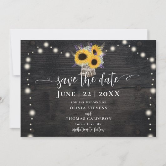 Rustige zonnebloemen Lavender Barn Wood Wedding Save The Date (Voorkant)