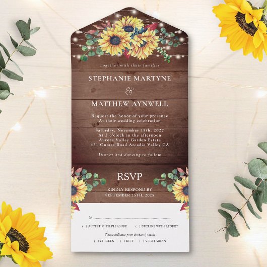 Rustige zonnebloemen lichten eucalyptusfeest all in one uitnodiging